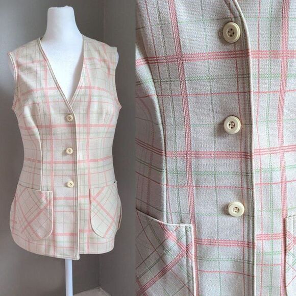 Vintage 1960s Jantzen Vest Pink Plaid Knit 1960 Mod Preppy Pastel Size 12 - Picture 1 of 12